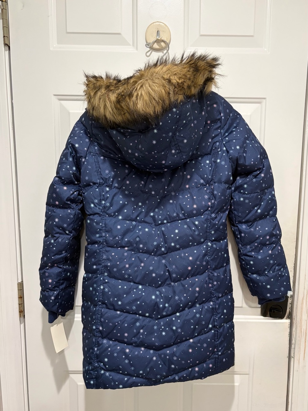 Lands' End Deep Sea Navy Galaxy Print Puffer Coat with Faux-Fur Trim, NWT, Large - Picture 7 of 9
